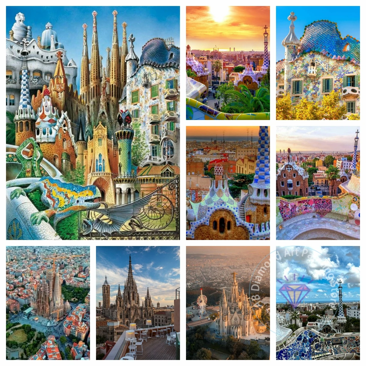 Diamant-Malerei-Set zum Selbermachen, Kreuzstich, handgefertigt, Kunsthandwerk, Heimdekoration, Geschenk, Park, Guell Barcelona, Spanien, Landschaft, Schönheit, Carmel Hill
