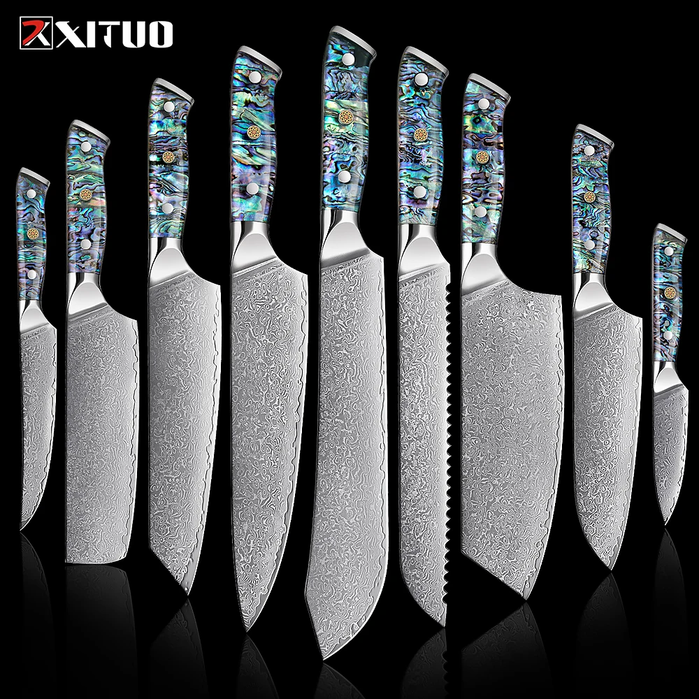 

67 Layer Damascus Steel Kitchen Knives Set Abalone Handle Sharp Santoku Bread Boning Knife Practical Kitchen Cutting Tools