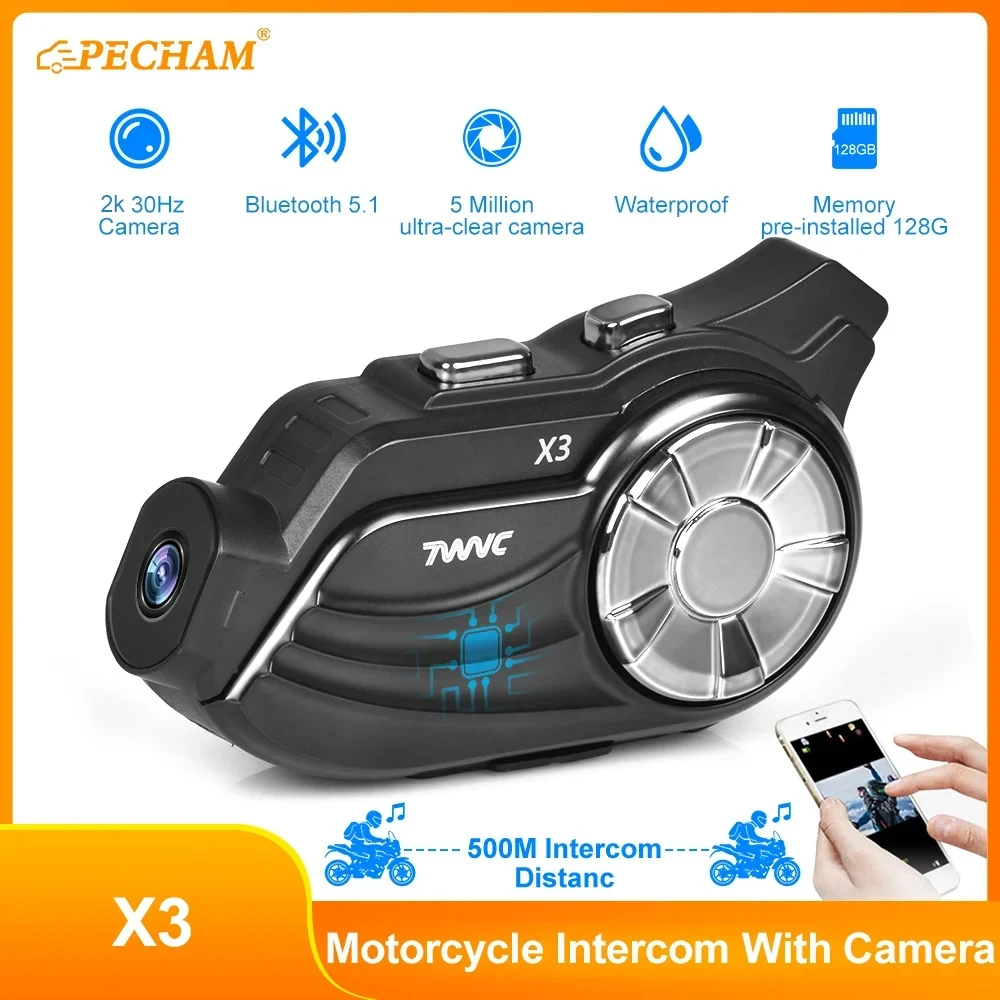 X3 Motorcycle Helmet Intercom Dash Camera 5.1 Bluetooth 2 Riders 500M 4K Waterproof Motorcycle Wireless Bluetooth Headset