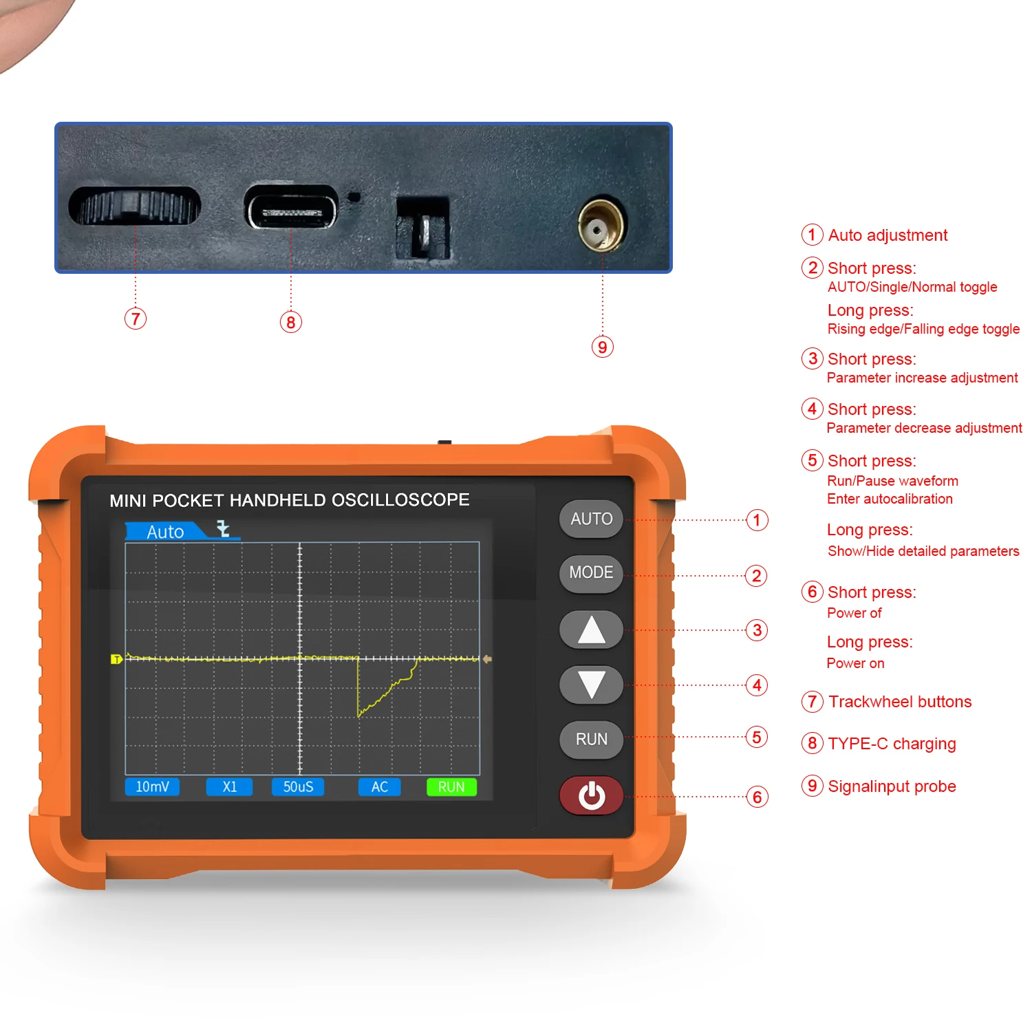 Professional Portable Mini Oscilloscope 500kHz Bandwidth and 2.8-inch High-Definition LCD Screen HP-500K