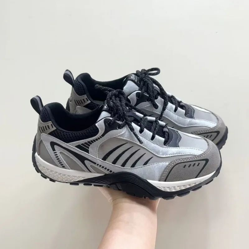 Women Retro Leopard Patchwork Dad Sneakers Lace‑Up Foam Rubber Thick Sole Height Increase Colorblock Casual Shoes Women Outdoor.