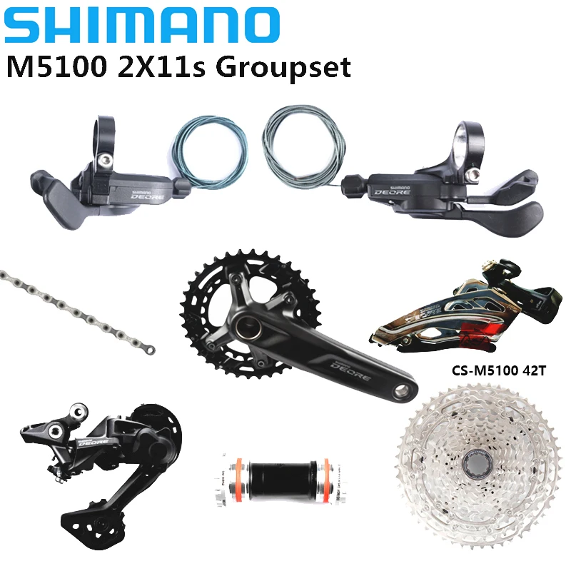 Shimano Deore M5100 2x11s Groupset MTB Bike 170mm 175mm 36T-26T Crankset MT501 BB52 RD-M5120 Sunshine11-42T Cassette Shifter Set