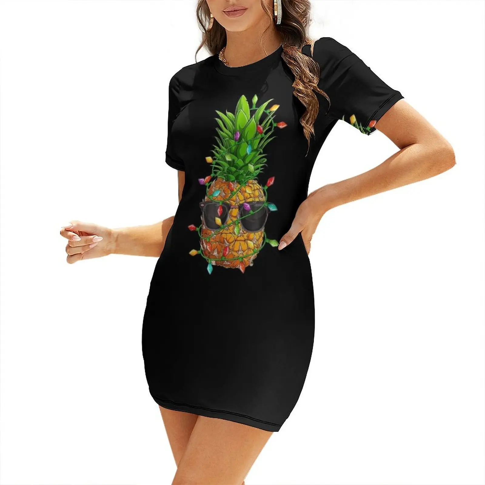 

Pineapple Sunglasses Lights July Tropical Christmas Hawaiian T-Shirt Short Sleeved Dress long dress women summer beach dresses