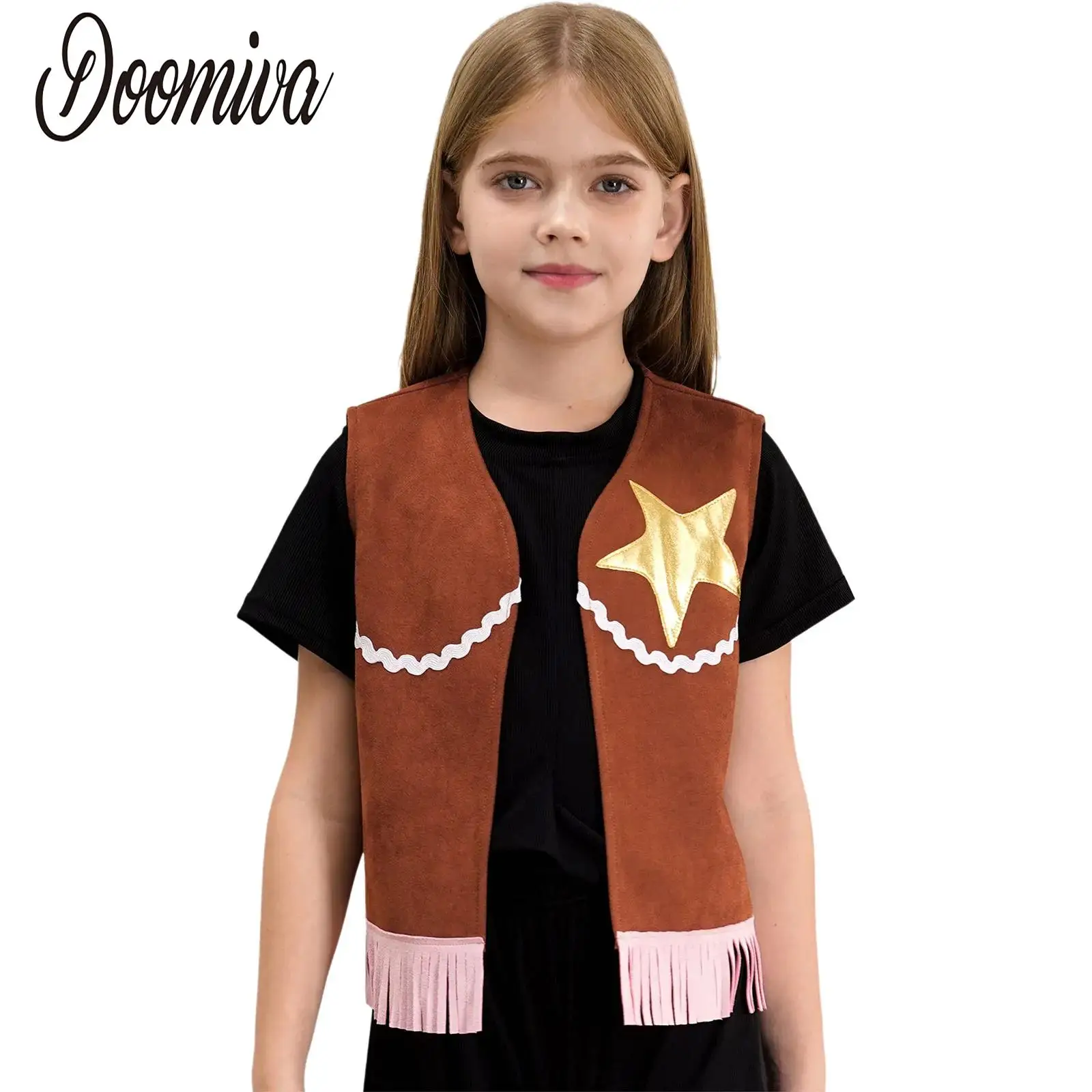 

Cowboy Fringe Waistcoat For Girls Cool Cowgirl Cosplay Costume Sleeveless Open Front Tassels Coat Halloween Dress Up
