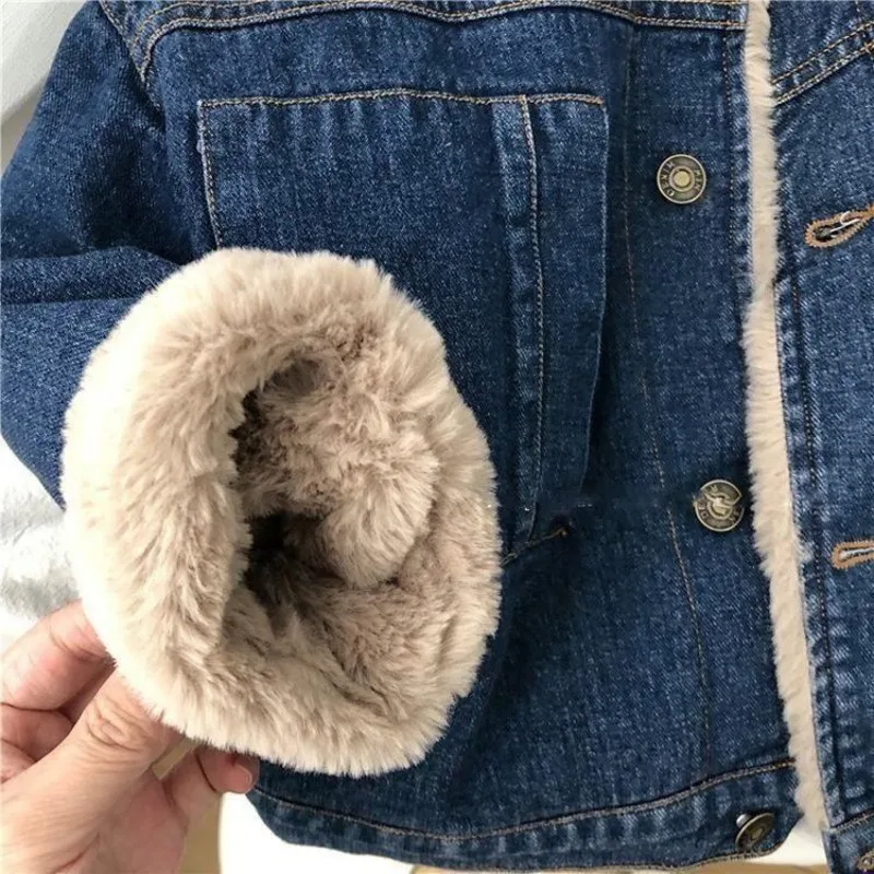 New Children\'s Denim Jacket For Autumn And Winter Boy Handsome And Plush Thick Jacket Girl Baby Korean Warm Coat