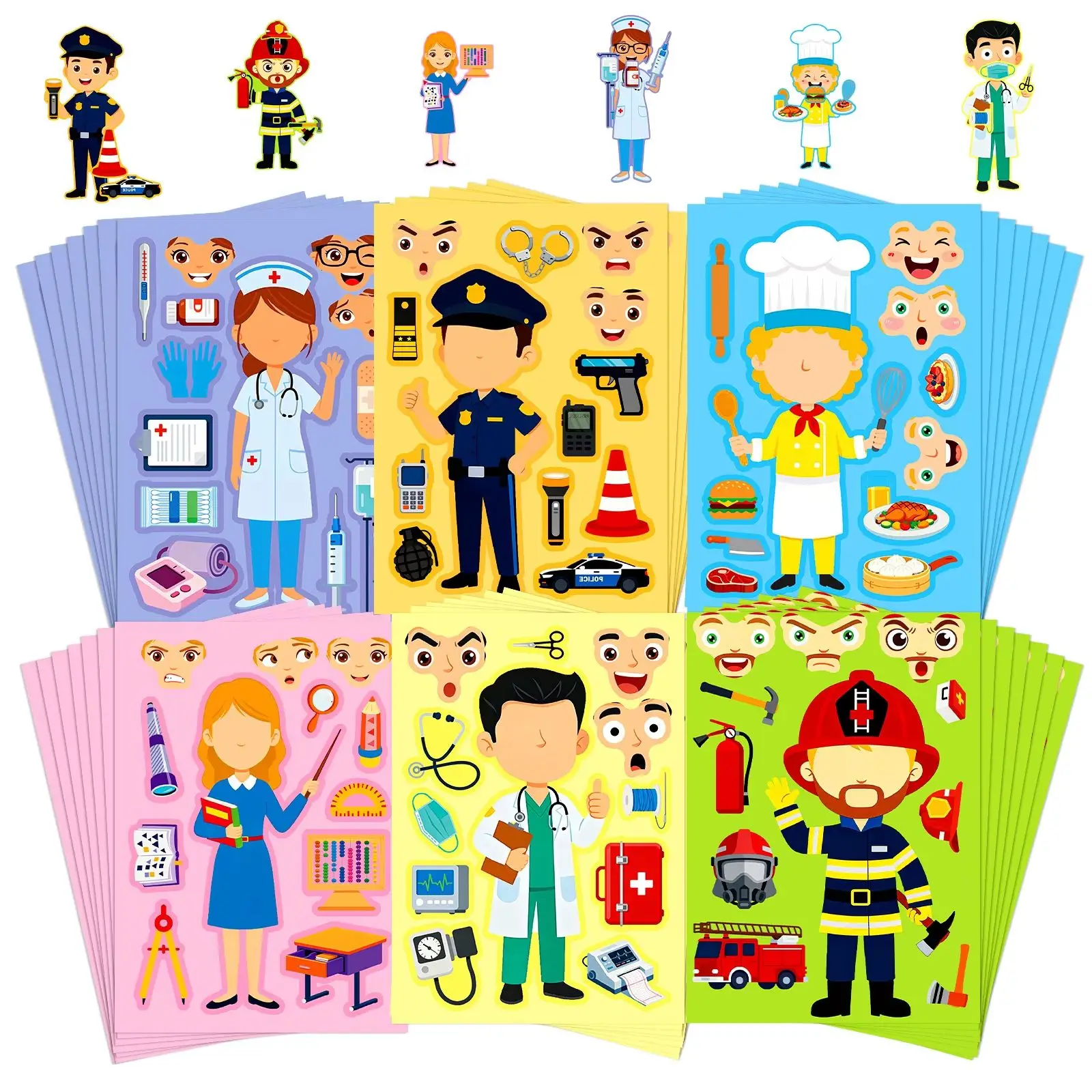 6Pcs cartoon professional dress-up puzzle sticker fun children's educational toys creativeDIY material face-changing sticker