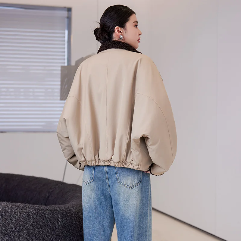 เสื้อโค้ทพาร์กาผู้หญิงแบบกลับด้านได้ ทรงสั้น สำหรับฤดูใบไม้ร่วงและฤดูหนาว ทำจากขนแกะแท้ สไตล์ลำลอง