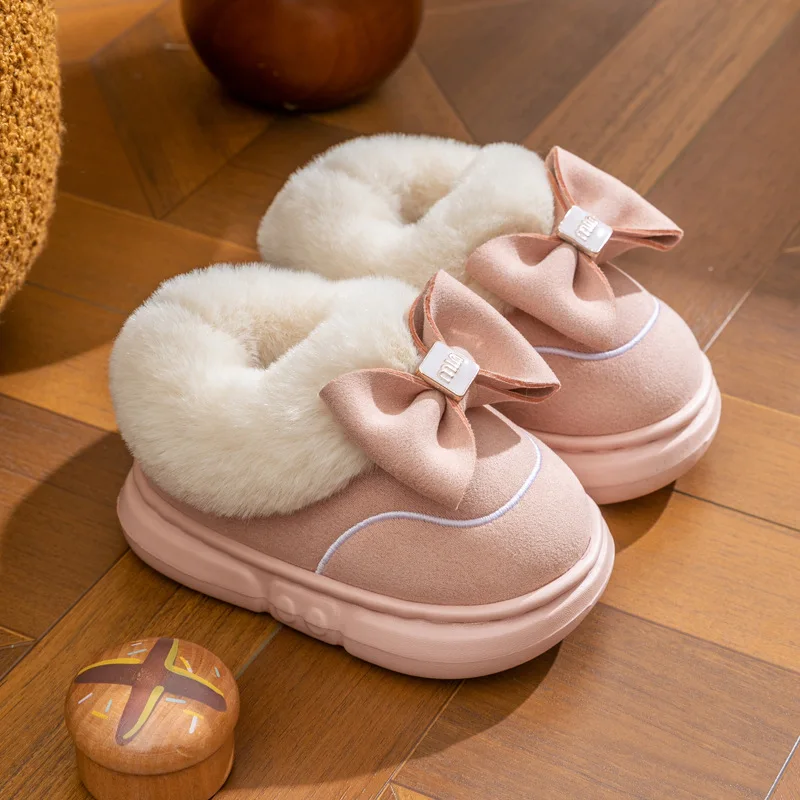 Zapatos informales para niños, botines con lazo de algodón, Color sólido, zapatos de invierno para niñas, zapatos antideslizantes cálidos de color rosa y Beige, talla 13cm-20cm