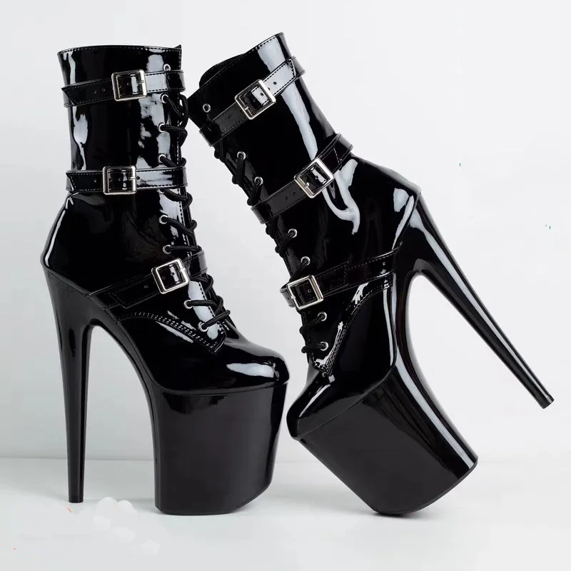 20cm super high heels, lace up patent leather low cut boots, steel tube dance shoes, runway model performance shoes