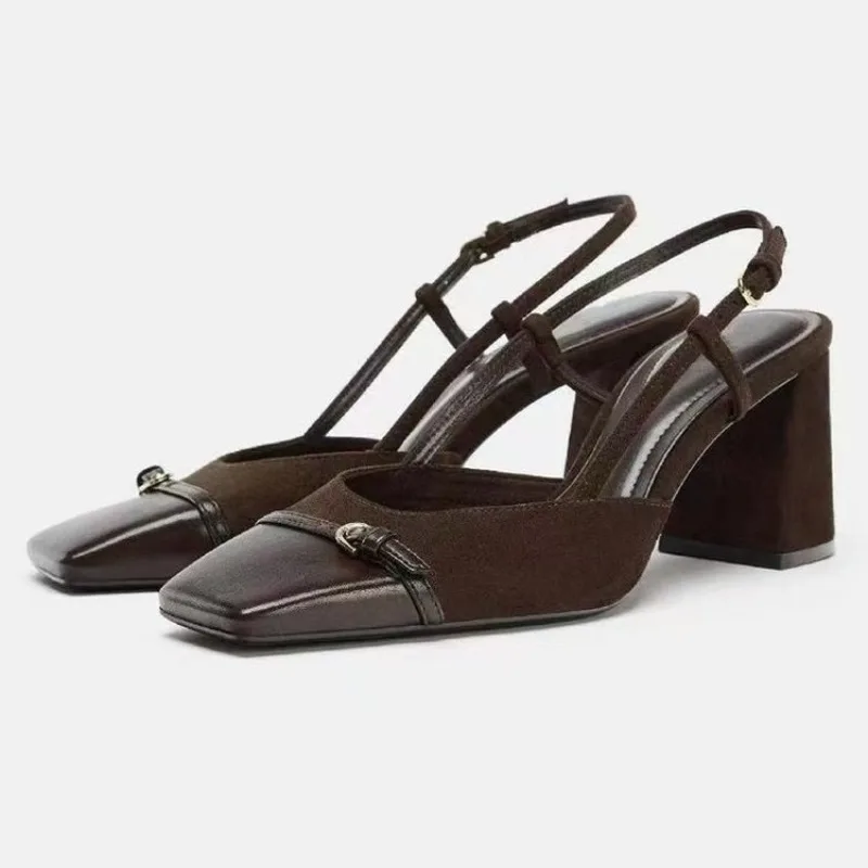 2026 Spring New Block Heel Square Toe Women's Shoes Retro Style One Buckle Strap Spliced Sandals
