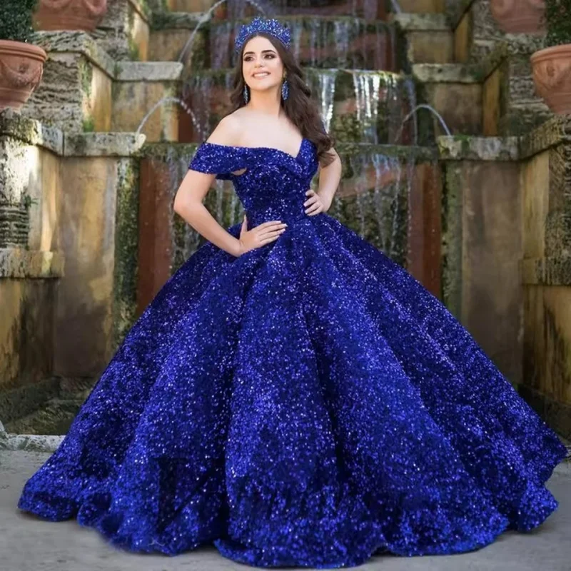 

Customized Blue Quinceanera Dresses Off the Shoulder crystal sequin applique Long tail Bow Vestido 15 Quinceanera