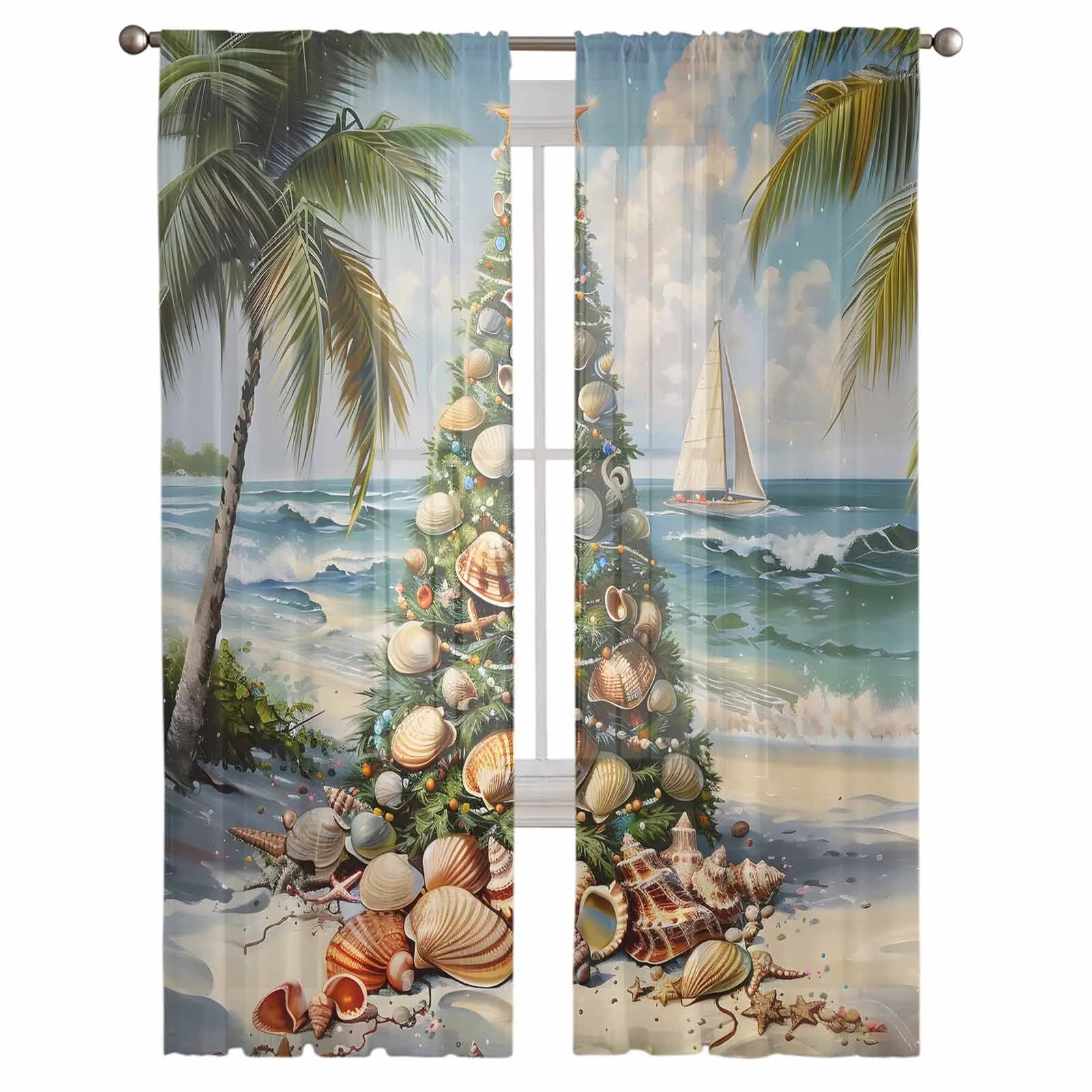 Christmas Beach Christmas Tree Shell Sailing Palm Tree Sheer Curtains For Living Room Modern Valance Kitchen Tulle Curtains