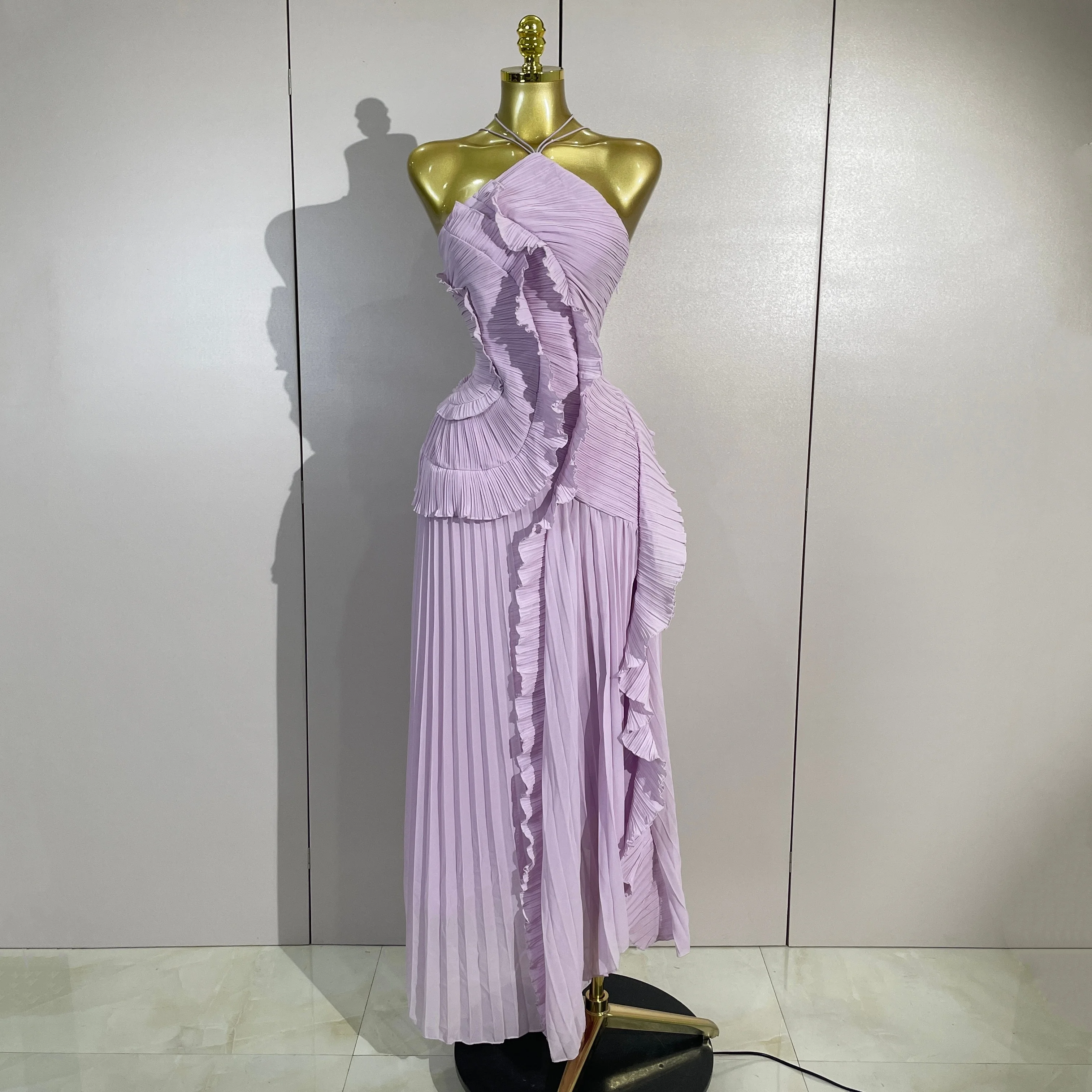 Sexy Backless Solid Spliced Ruffle Irregular Long Dress Women Elegant Halter Sleevelesss Party Eveing Birthday Vacation Dresses