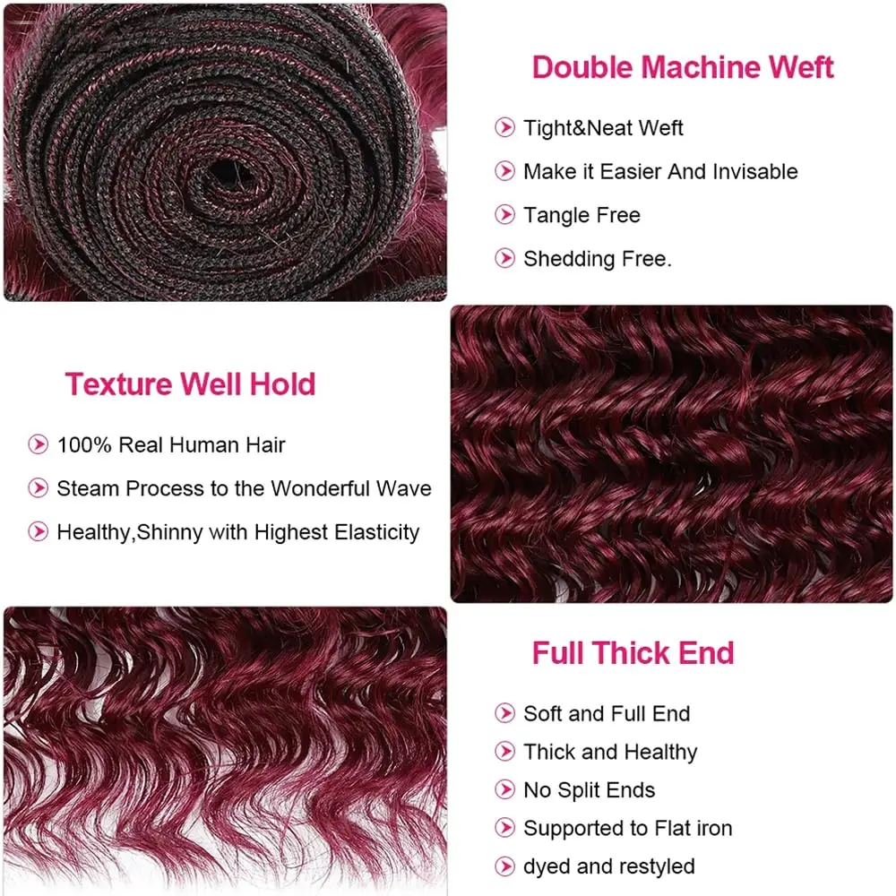 Deep Wave Human Hair Bundles 99j Burgundy Color 100% Brazilian Human Hair 3 Bundle Wine Red Hair Extension 26 28 30 Inch