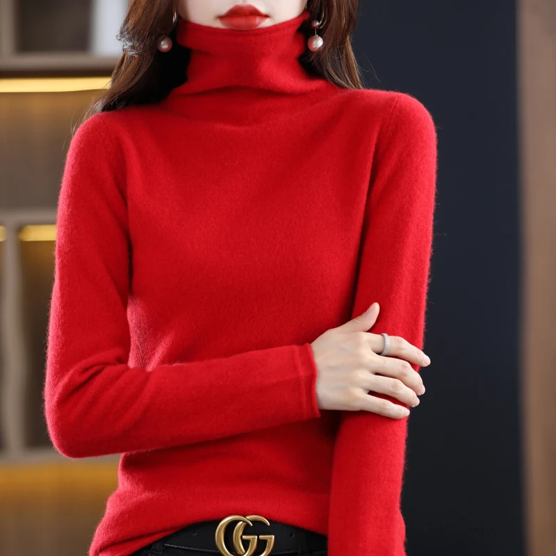 100% Pure Wool Women Sweater Autumn Winter Fashion Pile Collar Pullover Cashmere Sweater Casual Long-sleeved Knitted Tops