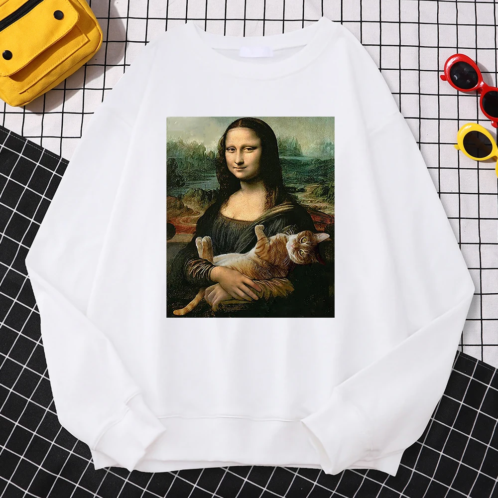 Trend Simple Woman Sweatshirt Famous Painting Mona Lisa Hold Cat Creativity Print Hoodies Fleece Soft Pullovers Loose Warm Tops