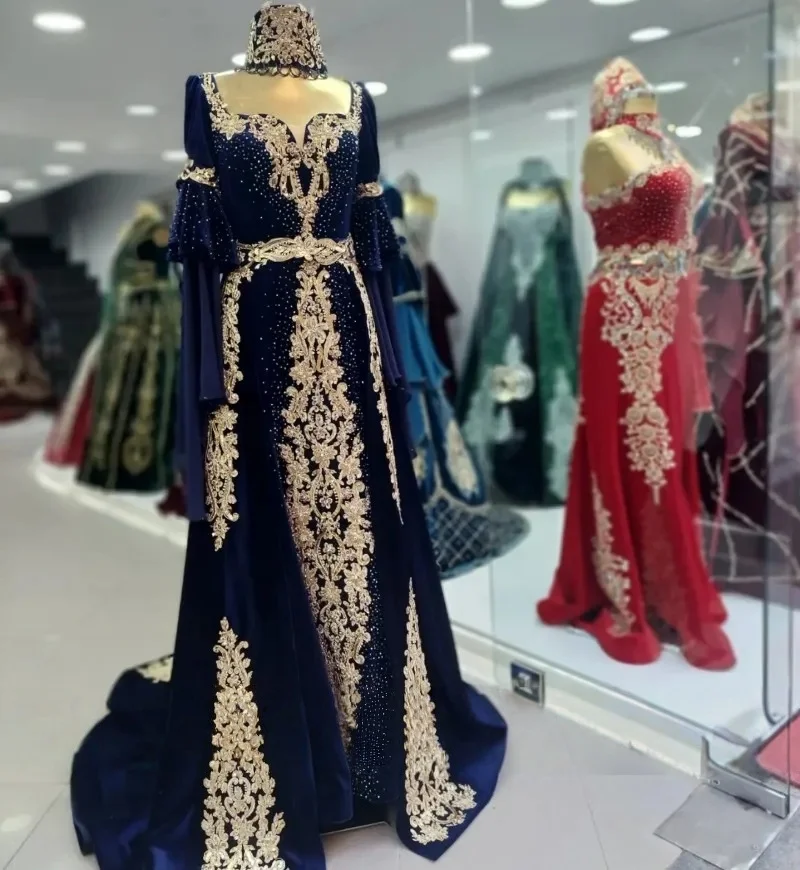 Blauer marokkanischer Kaftan, muslimische Abendkleider, A-Linie, lange Ärmel, Applikationen, Dubai, arabisches Abaya, islamisches Kleid, individuell gestaltet