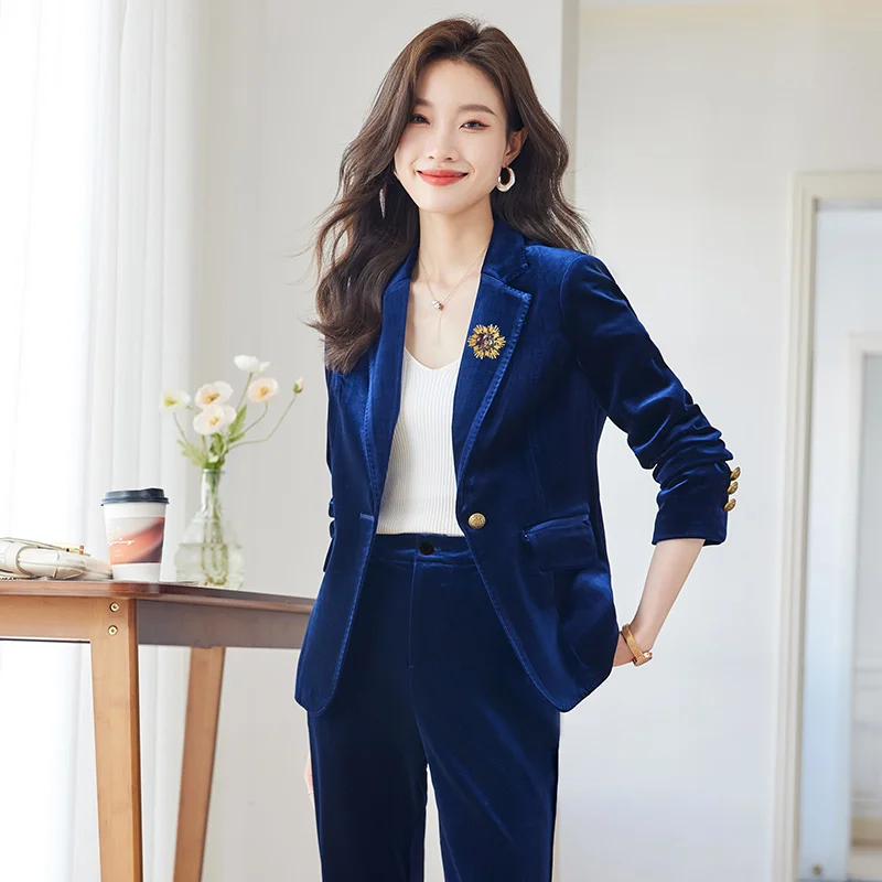 Women\'s Spring Oversize French Style Velvet Suit Wide Leg Pants Set Vintage Casual Solid Color Loose Blazer Pants Two Piece Sets