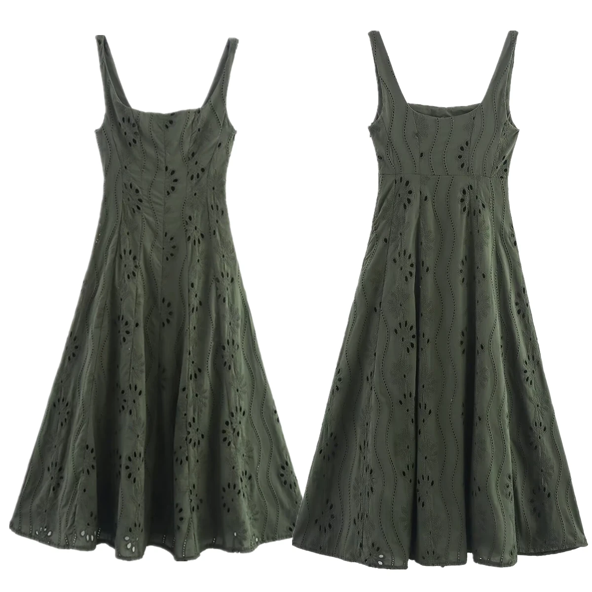 

Dave&Di French Country Casual Embroidered Hollow Cotton Dress Fashion Ladies Army Green Sleeveless Tank Dress Midi Dress Women