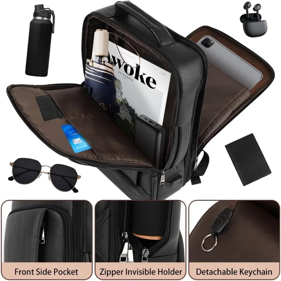 Ransel Kulit Asli Full Grain untuk Pria Multi-Fungsi Ransel Laptop 15.6 inci dengan Pengisian Daya USB Hitam Konvertibel untuk Bisnis
