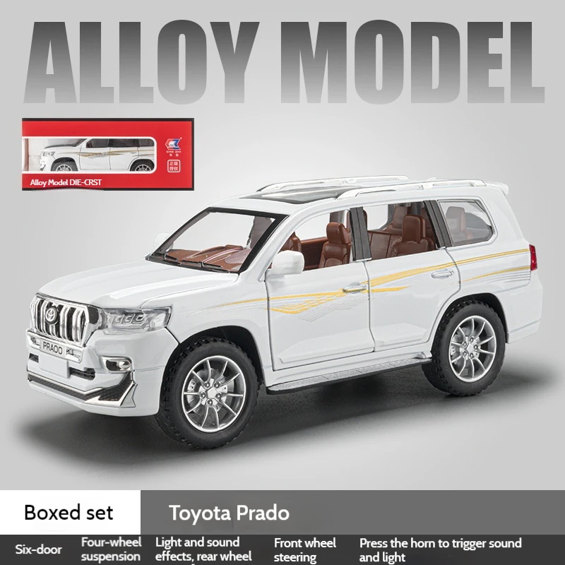 1:24 토요타 랜드 크루저 프라도 스포츠 SUV 합금 다이캐스트 자동차 모델 풀백 사운드 라이트 어린이 선물 컬렉션 A174