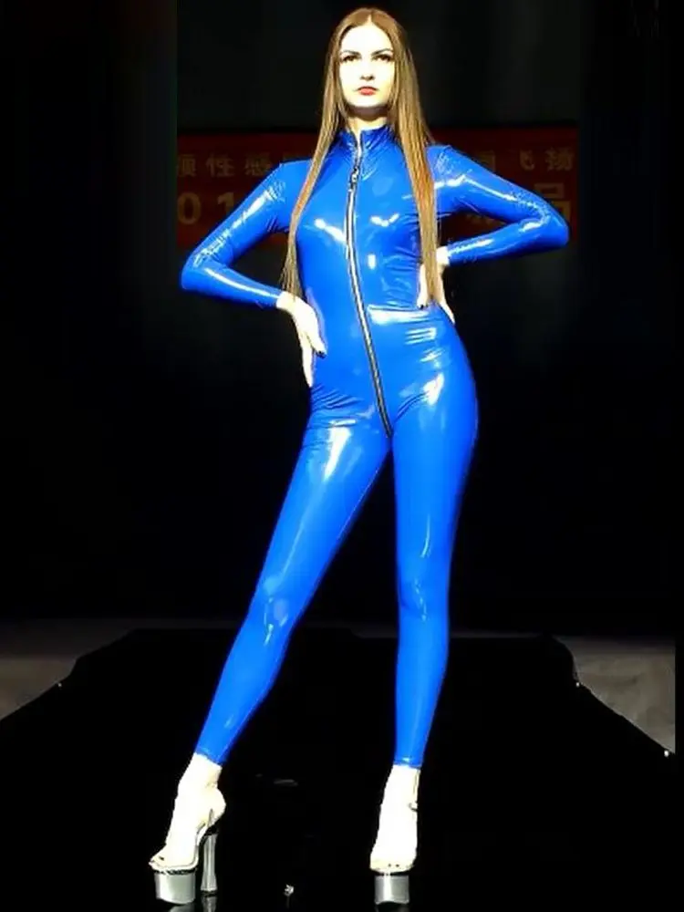 

Wet Look PVC Catsuit Shiny PU Leather Cosplay Leotard Jumpsuit Two Way Zipper Open Crotch Bodysuit Tight Sexy Clubwear Conjoined