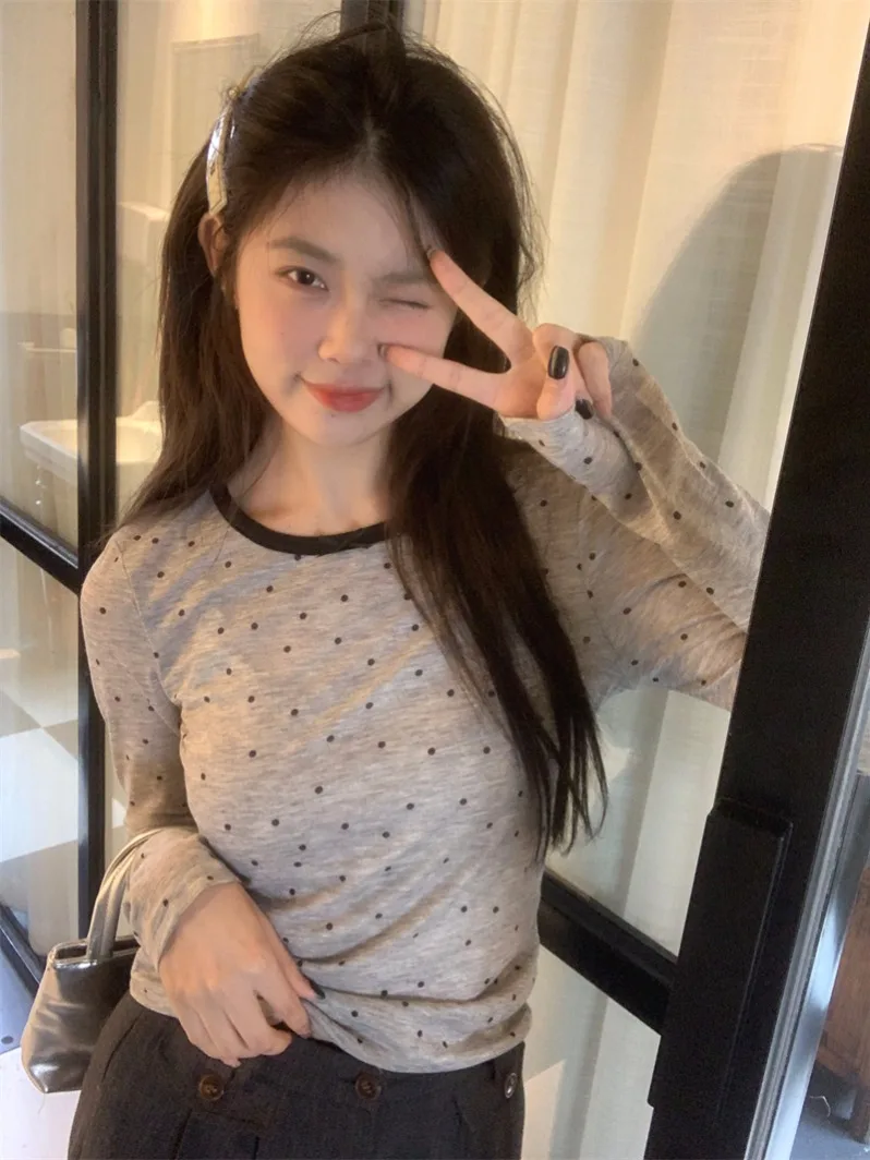 Gray Polka Dot Long Sleeve Women\'s T-shirt Shoulder Width Regular Fit Base Layer Top Korean Style Spring New High End Feeling