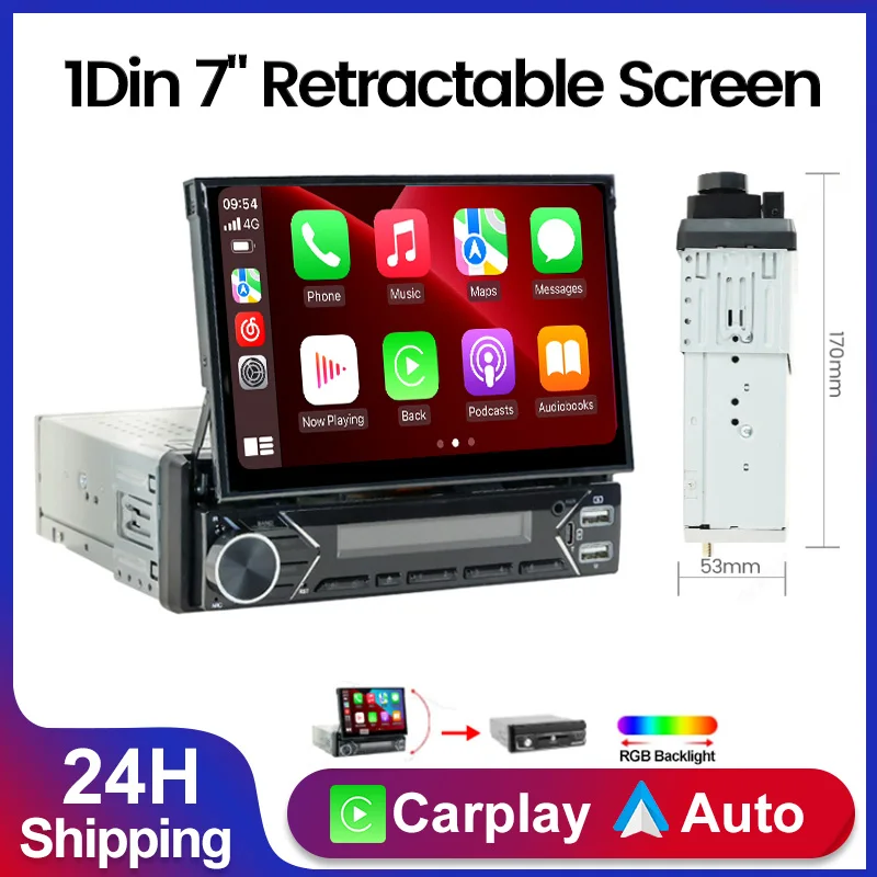 MEKEDE Car Radio Android Auto Wireless Carplay Universal 7'' MP5 Retractable Screen Car Multimedia Video Player 1Din No DVD
