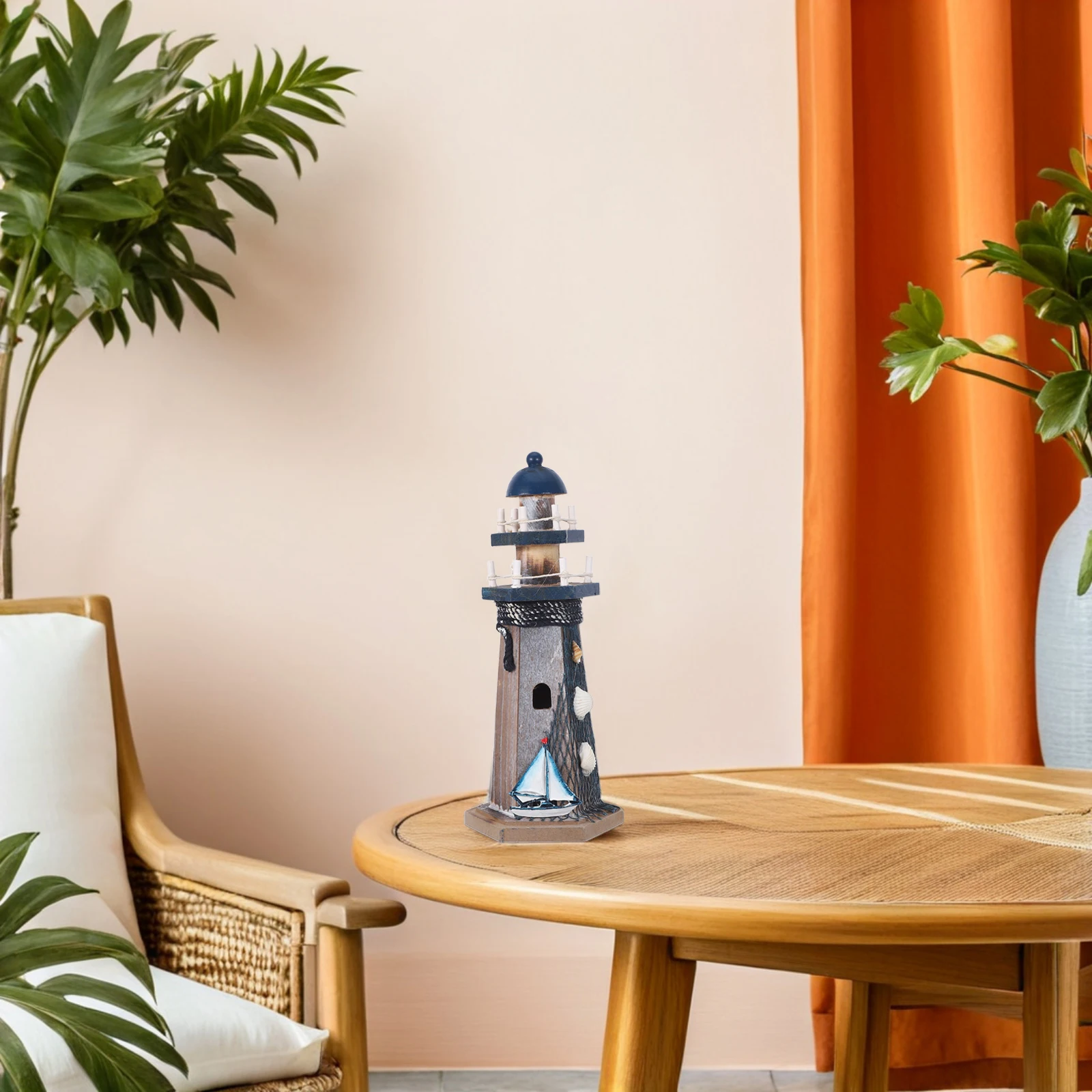 

Handcrafted Wooden Lighthouse Statue with Shell Accents Decorative Net Ocean Theme Outdoor Indoor Decoration for Coastal Home