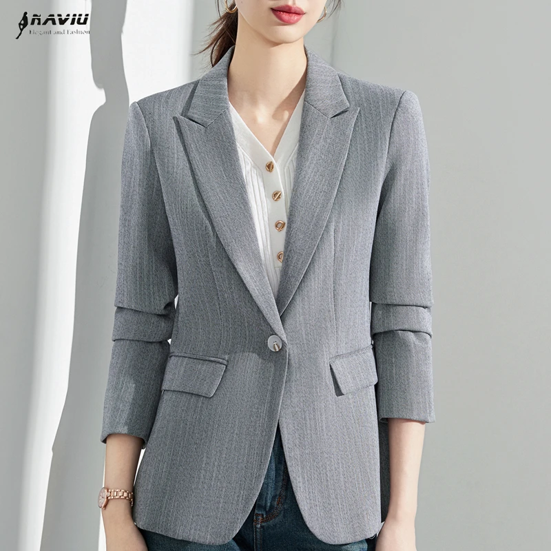 

NAVIU новый блейзер женский корейский весенне-осенний тонкий деловой пиджак пальто офисное повседневное серое бежевое пальто с длинными рукавами на одной пуговице