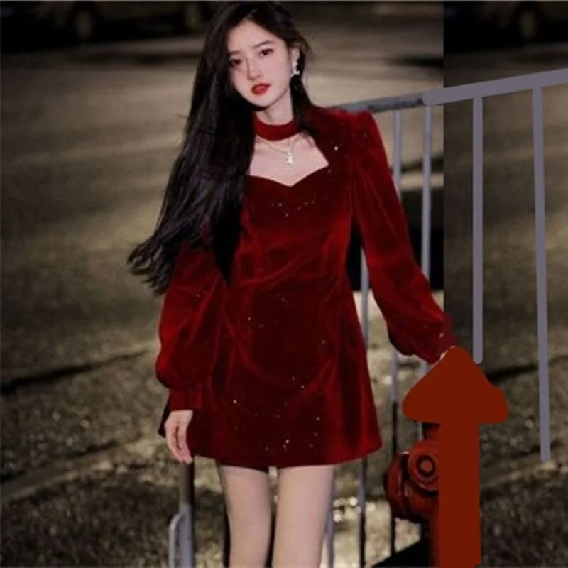 Elegant Red Velvet A-Line Dress Women's Spring Autumn New Style Slimming Waist Shaping Flashing Korean Style Long Sleeve Shor...