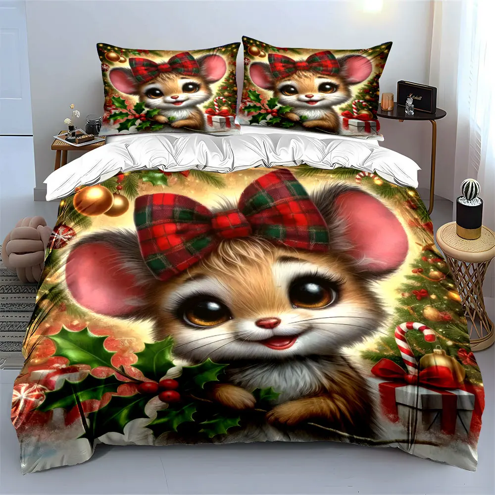 Adorable mouse in holiday decor holding holly leaves Print Duvet Cover Bedding Set Included 1*Duvet Cover 2*Pillowcases