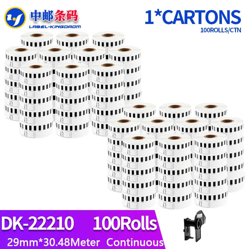 100Refill Rolls Generic DK-22210 Label 29mm*30.48M Continuous Compatible for Brother Thermal Printer White Paper DK22210 DK-2210