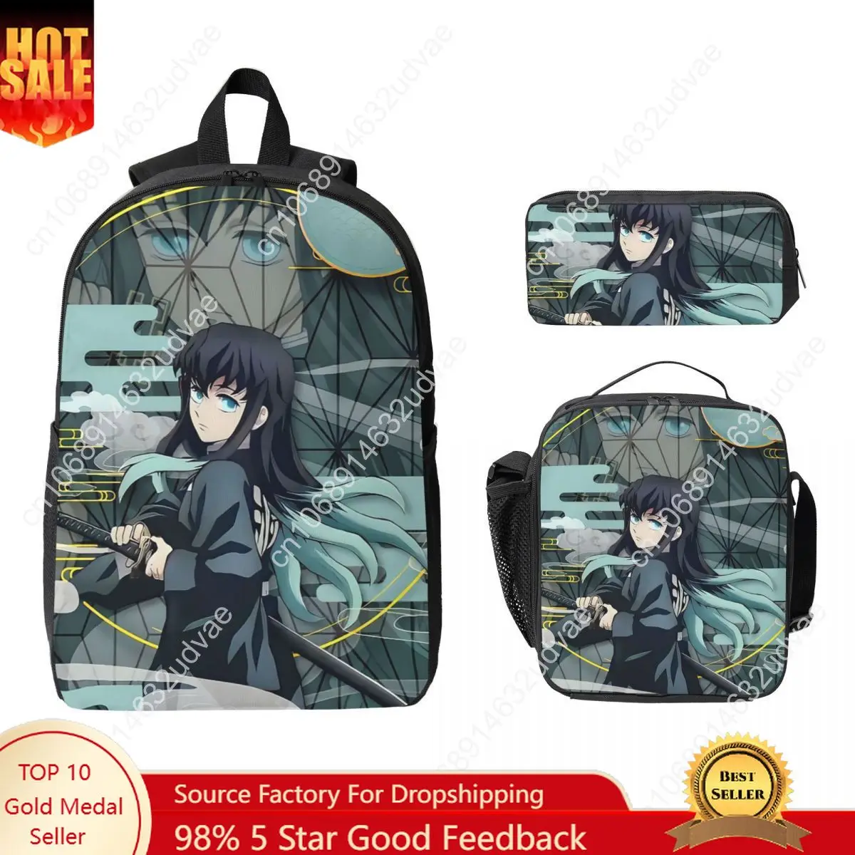 

Muichiro Tokito Kimetsu No Yaiba Backpack BookBag School Bag Computer Shoulder Bags 3ps Insulated Lunch Bag Pencil Case