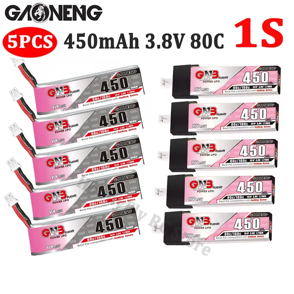 5PCS GAONENG GNB 1S 450mAh 3.8V 80C Max160C HV Lipo battery With PH2.0 / GNB27 Plug Connector for Mini Quads FPV Drone