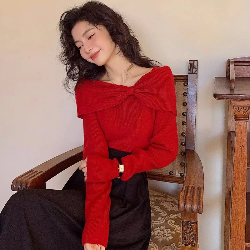 Red Pullovers Women Slash Neck Autumn Winter Casual Tender Elegant Female Tops Sexy Fashion Long Sleeve Mujer Korean Style Cozy