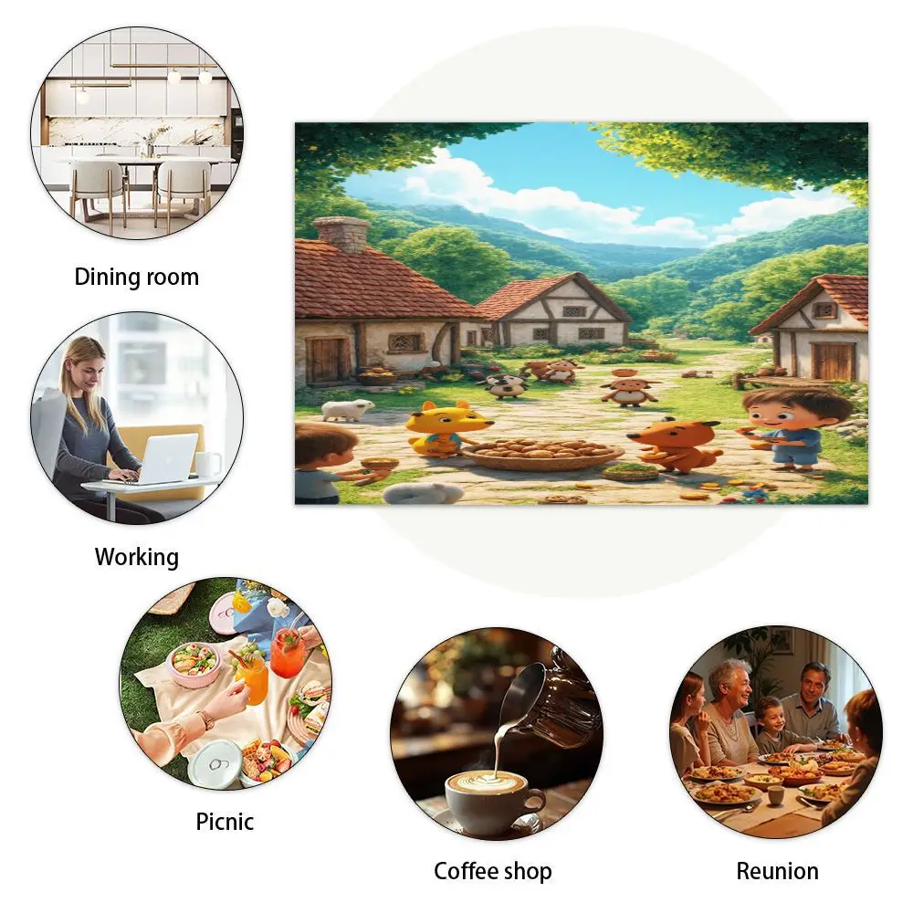 직사각형 플레이스매트 4개 세트, 다채로운 시골 디자인, 청소가 용이함, 주방 및 축제 행사에 적합, 12
