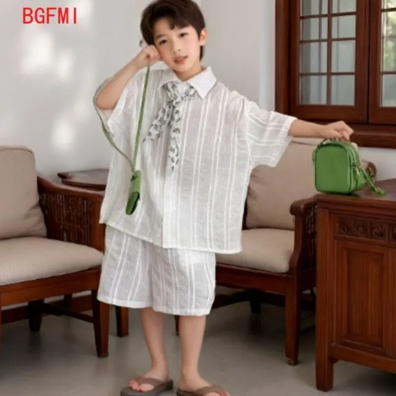 High Quality Children's Summer Cotton Suit 2026 New Fashion Casual Loose Top + Shorts+ Scarf Boys KID Cool Ventilate Suit 1-11Y