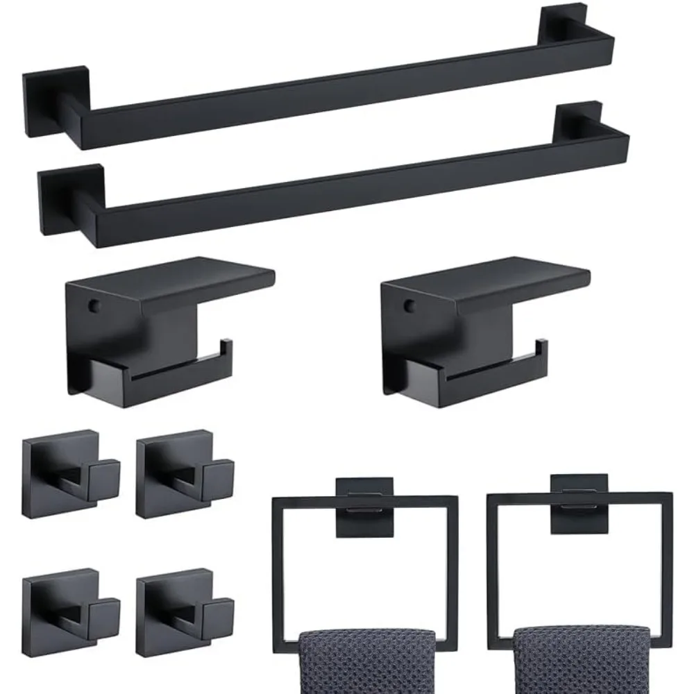 

23.6 Inch Stainless Steel Bathroom Hardware Set - 10-Piece Wall-Mounted Towel Bar, Holder & Racks in Matte Black