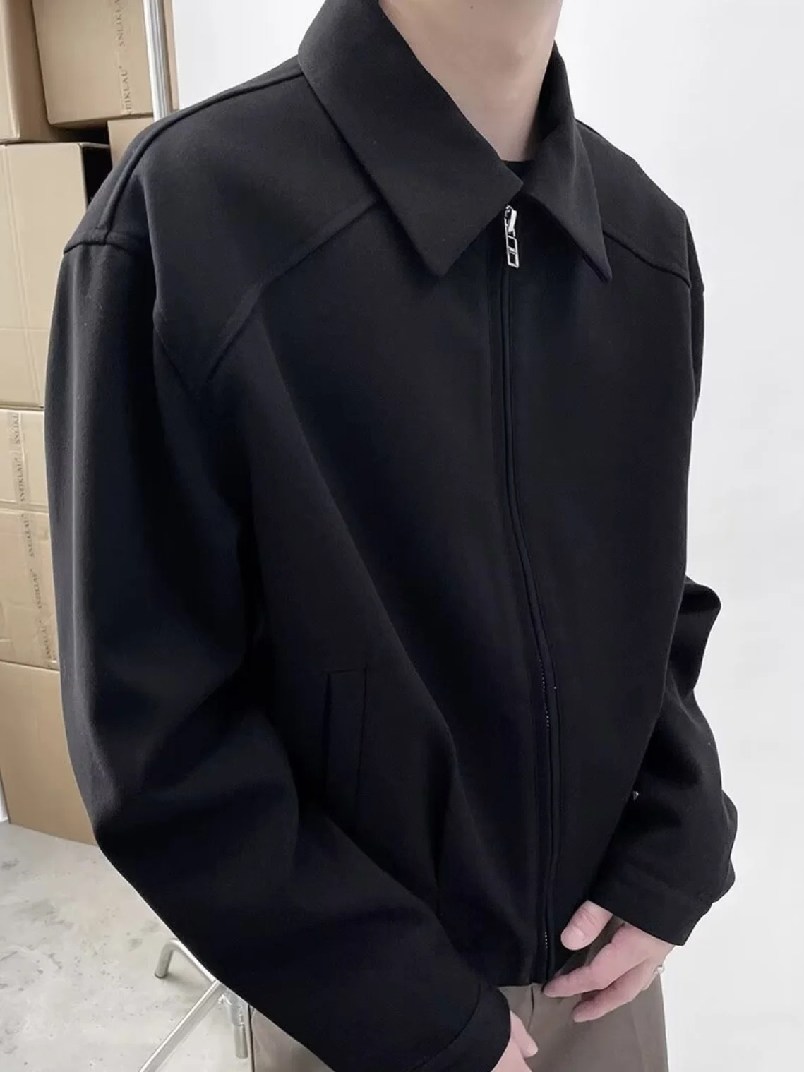 

American Retro Cleanfit ort Jaet ex Adstrative Sle Boxy Cut Collar Pure Color Outerwear Youth Trend Autumn Wear