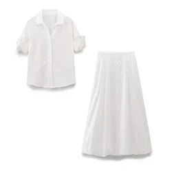 Zach Ailsa 2024 Summer New Product Women's Short Sleeve Bow Decoration Hollow Embroidered Shirt High Waist Skirt Set