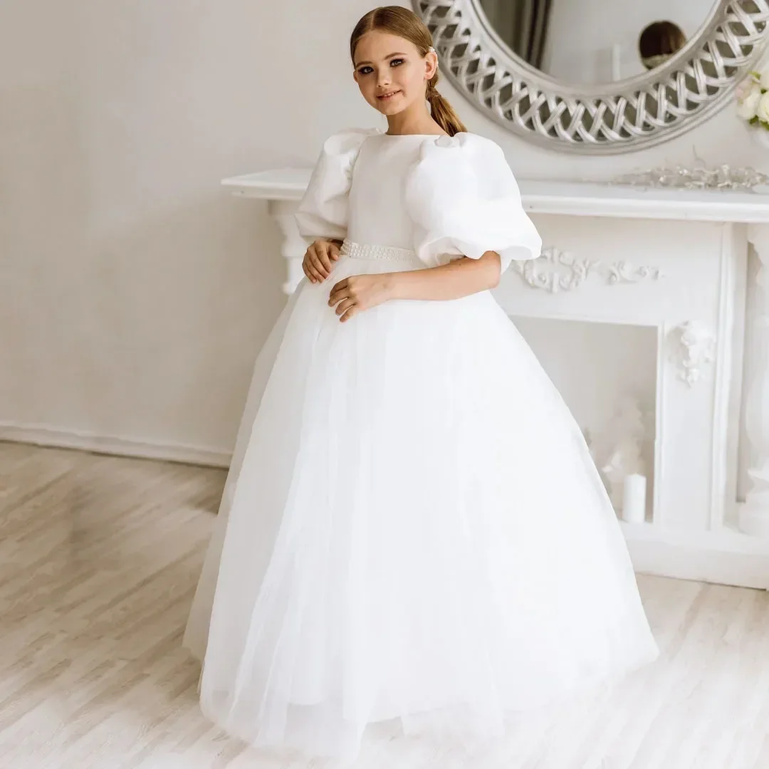 Customized Flower Girl Dress White Pearls With Bow Short Sleeve For Wedding Birthday Party Holy Communion Banquet Princess Gown