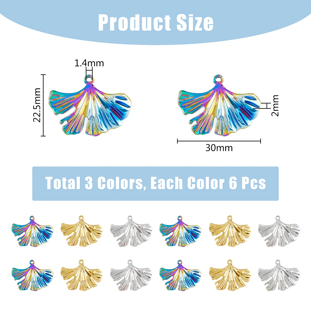 18pcs 3 Colors Ginkgo Leaf Pendants Nature-inspired Botanical Charms Stainless Steel Autumn Leaf Charms for DIY Jewelry Making