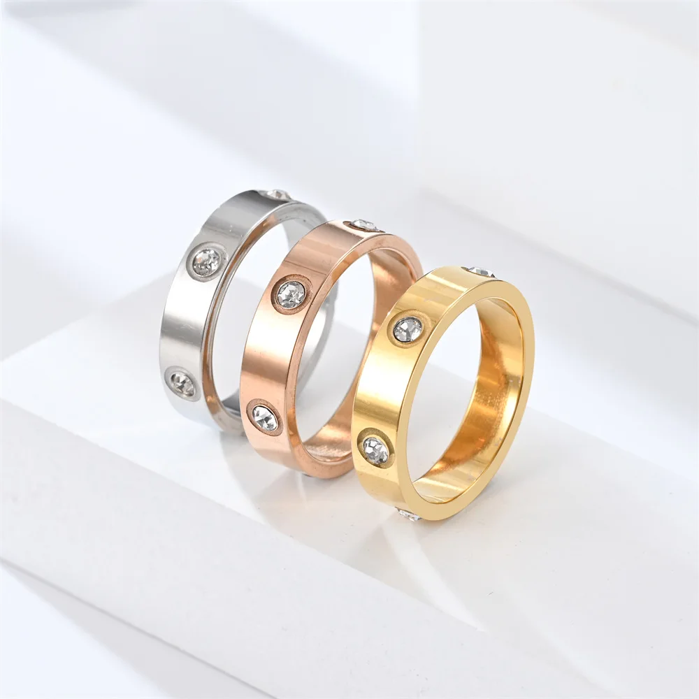 New Trendy Stainless Steel Rose Gold Color Love Ring for Women Men Couple Crystal Rings Luxury Brand Jewelry Wedding Gift - Detail 1