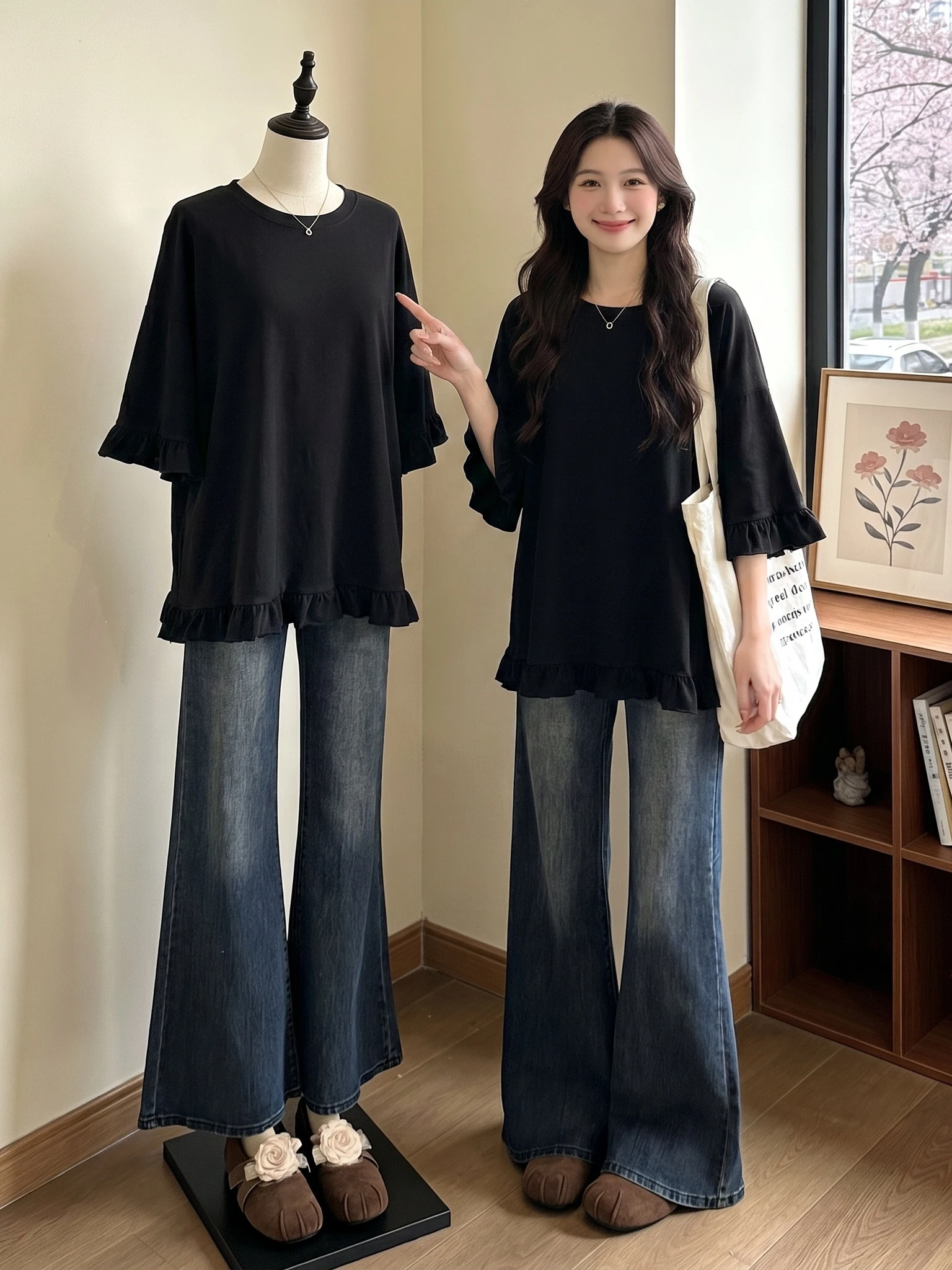 Black Wooden  Short Sleeve T-Shirt Women's plus Size Summer New Style Slimming Belly Covering Mid-Length Top