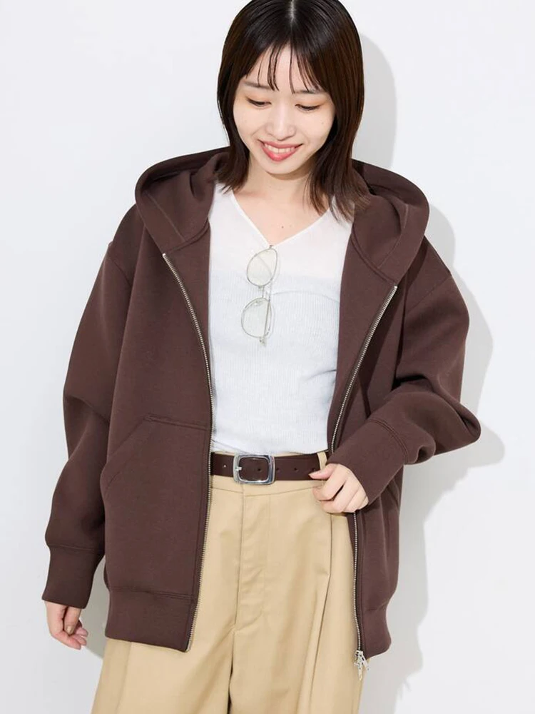 

Autumn Winter Casual Loose Fitting Zipper Hooded Open Cardigan Sweatshirt Grey Air Layer Outerwear Women's Fashion Comfortable