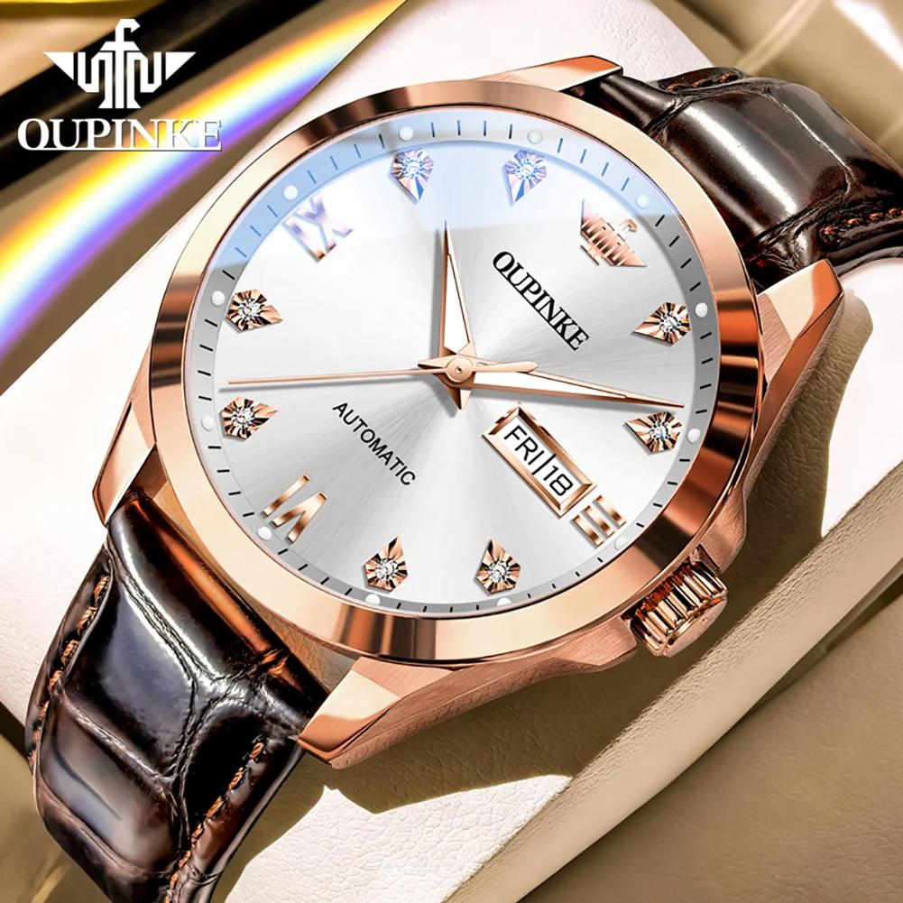 OUPINKE New Automatic Mechanical Men's Watches Luxury Top Brand Original Sapphire Mirror Dual Calendar Business Man Wristwatch