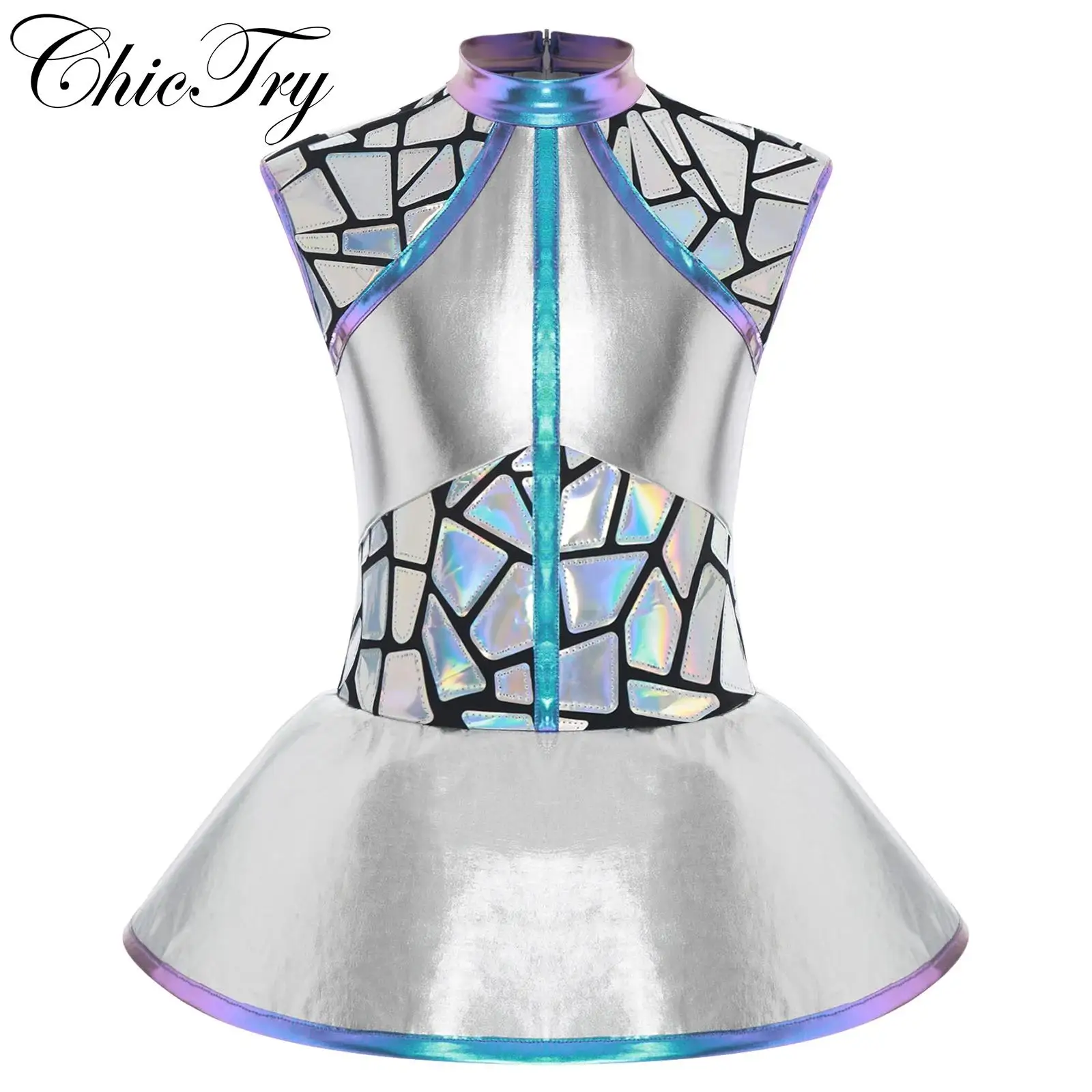 

Kids Girls Halloween Metallic Alien Cosplay Costume Sleeveless Sequins Dress Alien Outer Space Anime Carnival Cosplay Dress Up