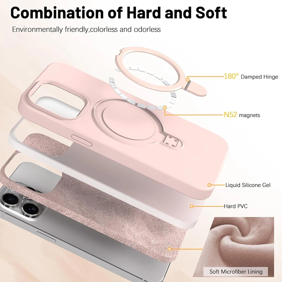 Liduid Silicone Magnetic Stand Phone Case For iPhone 15 14 16 Plus 11 12 13 16 Pro Max Magsafe Charge Protector Soft Cover