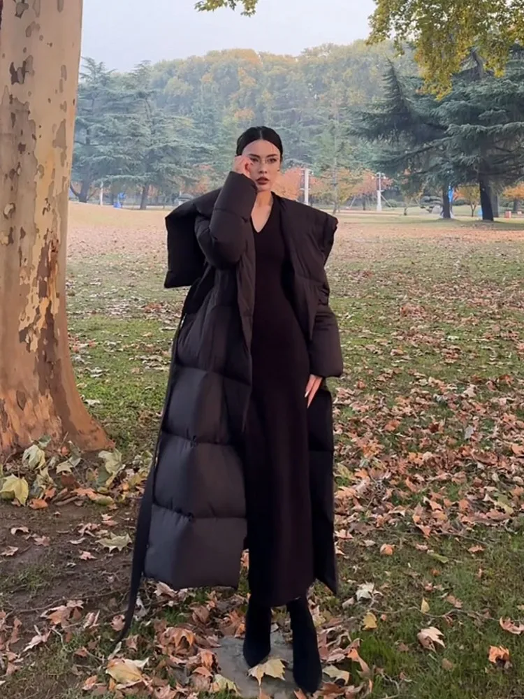 Inverno trabalho senhora do escritório estilo longo casaco grosso quente cintura larga pato para baixo jaqueta blusão com capuz casaco feminino outwear